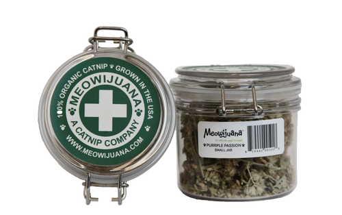 Jar of Meowijuana organic, purple passion catnip