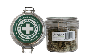 Jar of Meowijuana organic, purple passion catnip