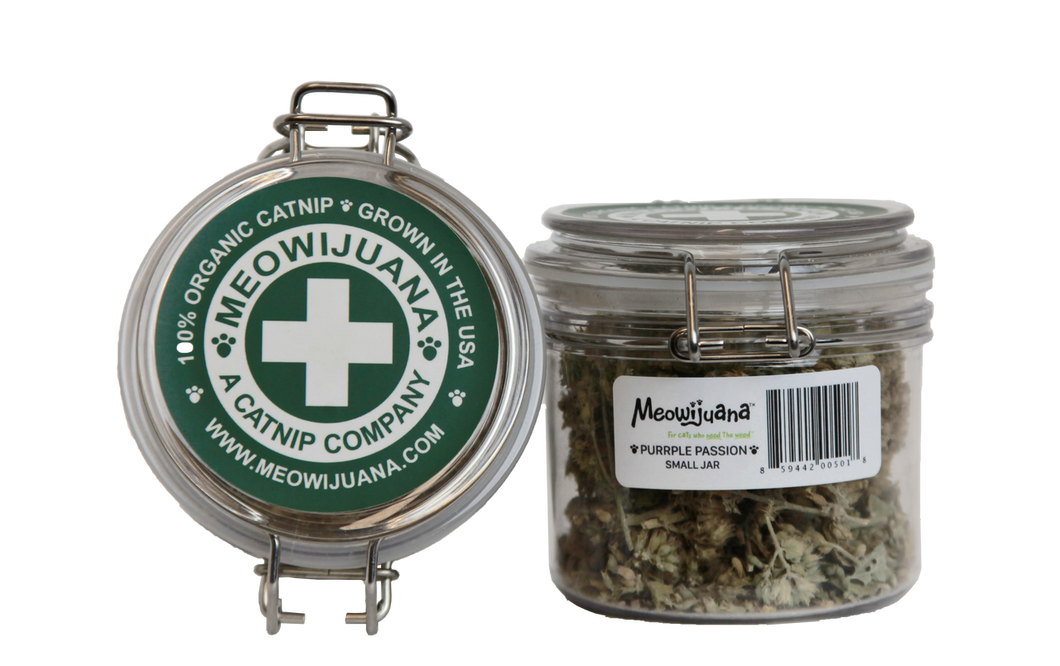 Jar of Meowijuana organic, purple passion catnip